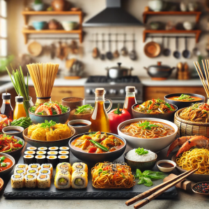 DALL·E 2024-08-31 18.18.14 - A vibrant kitchen scene featuring a variety of authentic Asian dishes, including curry, stir-fried noodles, and sushi, all arranged beautifully on a m